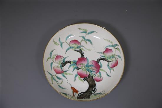 A Chinese famille rose Guangxu nine peach dish with blue glazed six character mark, 6.5in. diameter